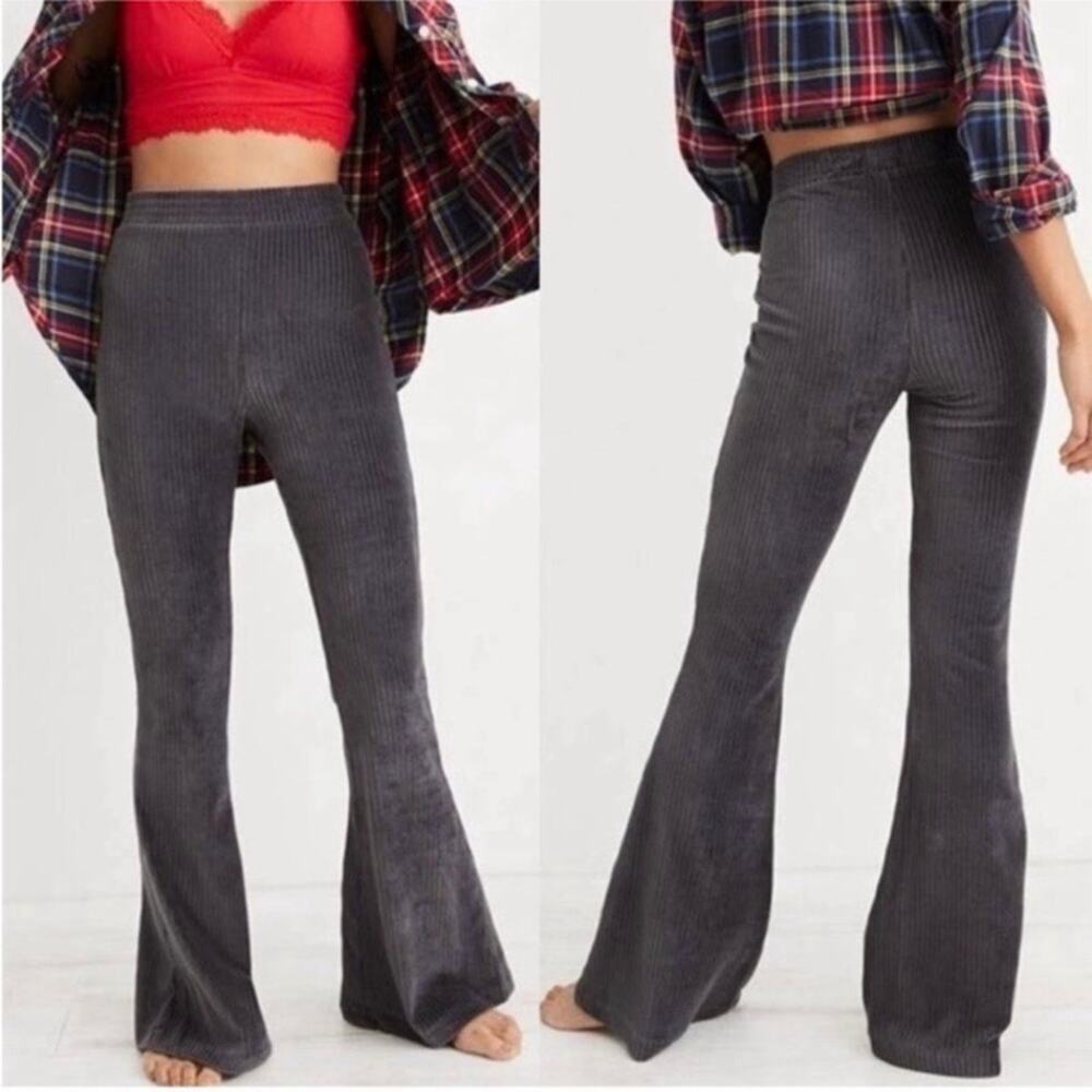 Aerie Sz L Light Blue Groove-on Velour High Waisted Flared Pants Loungewear